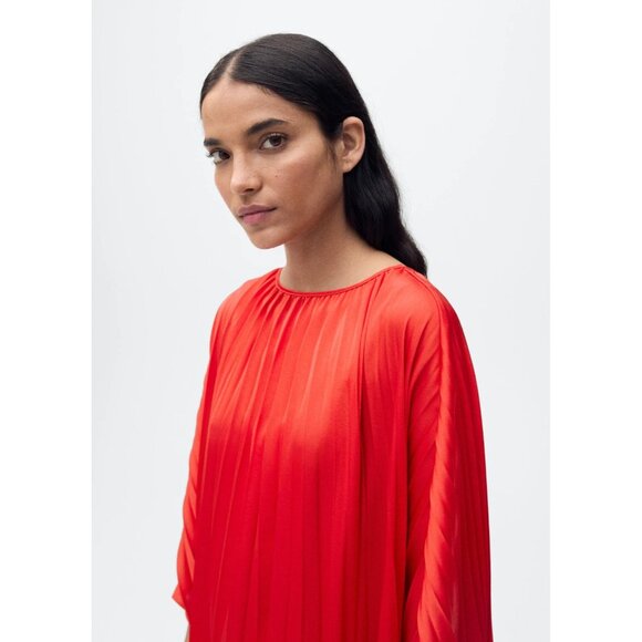 NEW Mango Pleated three-quarter sleeve dress RED SIZE S/100%AUTHENTIC - Picture 4 of 7